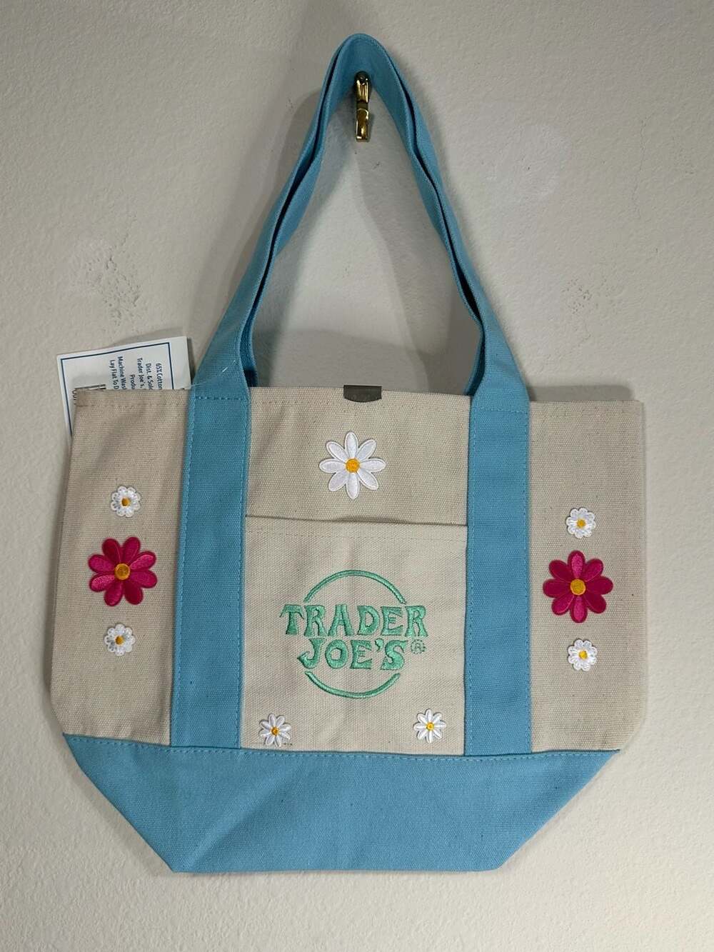 Trader Joe's Mini Canvas Tote Bag with Custom Floral Embroidery - Blue